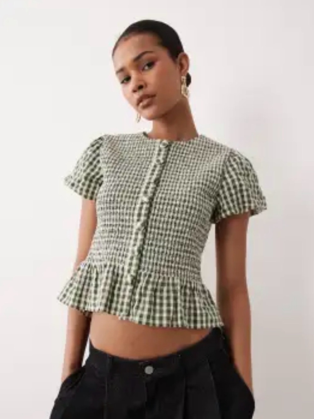 Lana puff sleeve shirred bodice top in green gingham